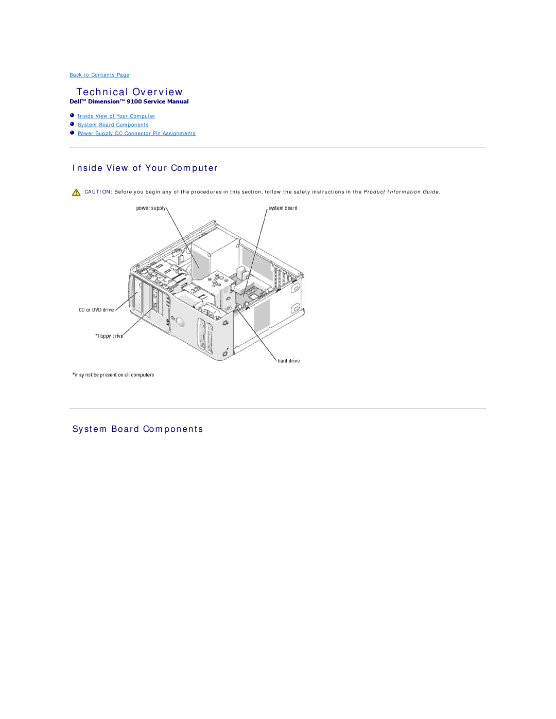 Dell 9100 specifications Technical Overview, Inside View of Your Computer System Board Components 