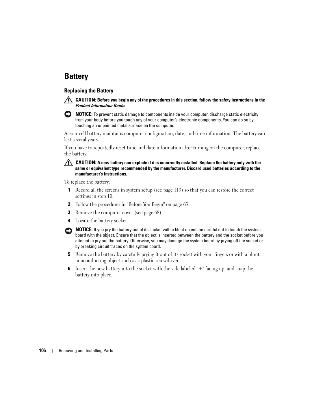 Dell 9150 manual Replacing the Battery, 106 