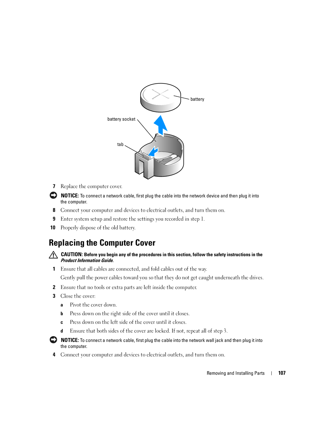 Dell 9150 manual Replacing the Computer Cover, 107, Battery Battery socket Tab 