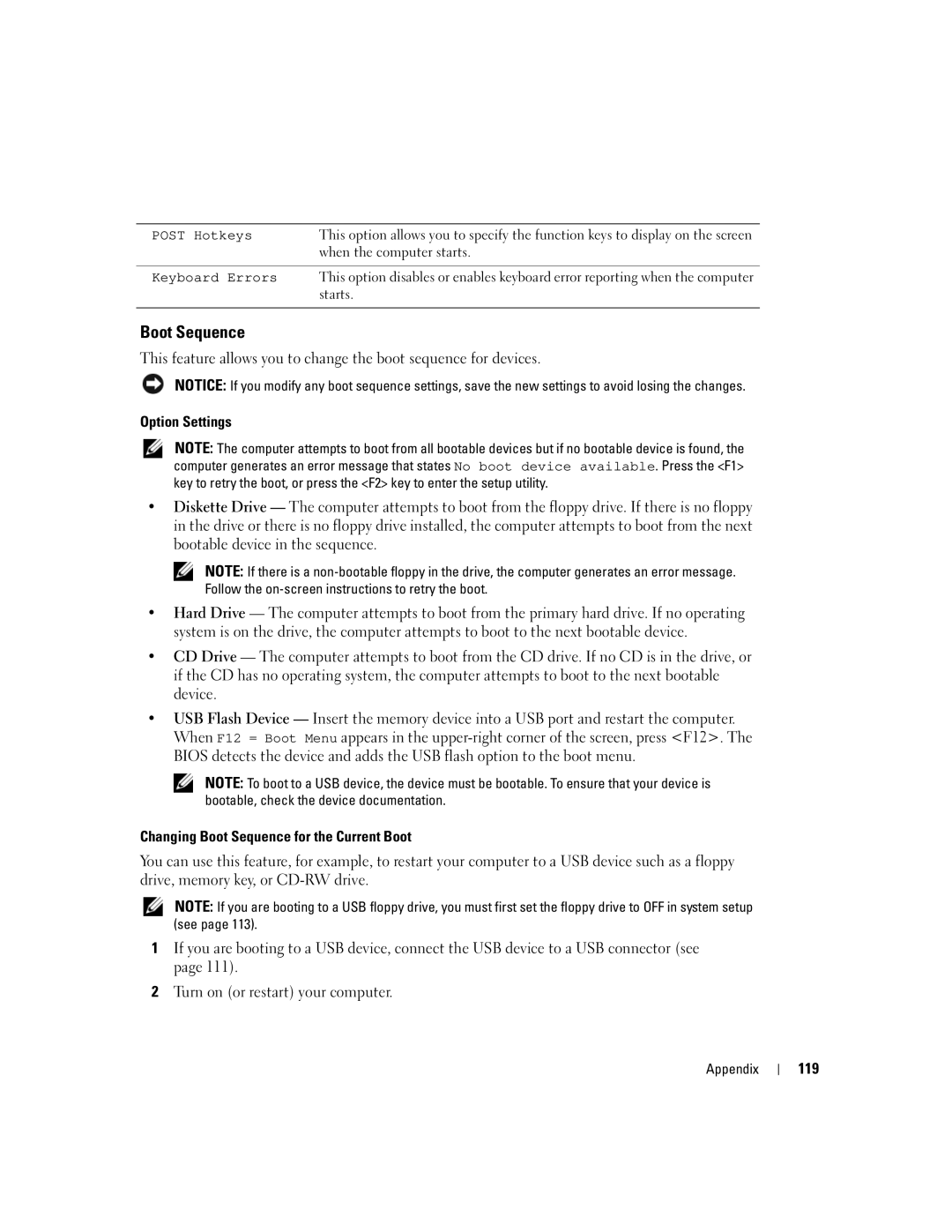 Dell 9150 manual Option Settings, Changing Boot Sequence for the Current Boot, 119 