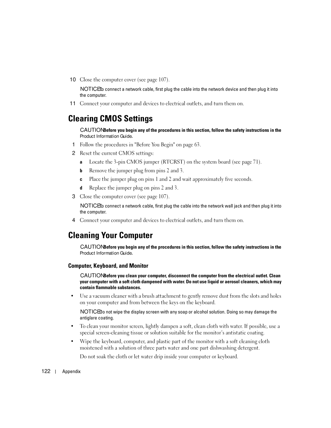 Dell 9150 manual Clearing Cmos Settings, Cleaning Your Computer, Computer, Keyboard, and Monitor, 122 