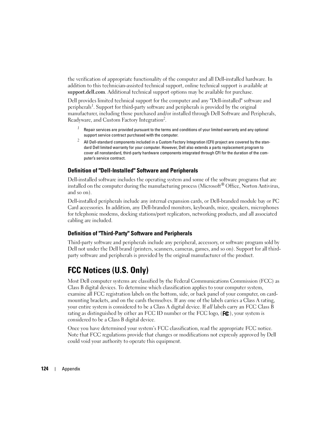 Dell 9150 manual FCC Notices U.S. Only, Definition of Dell-Installed Software and Peripherals, 124 