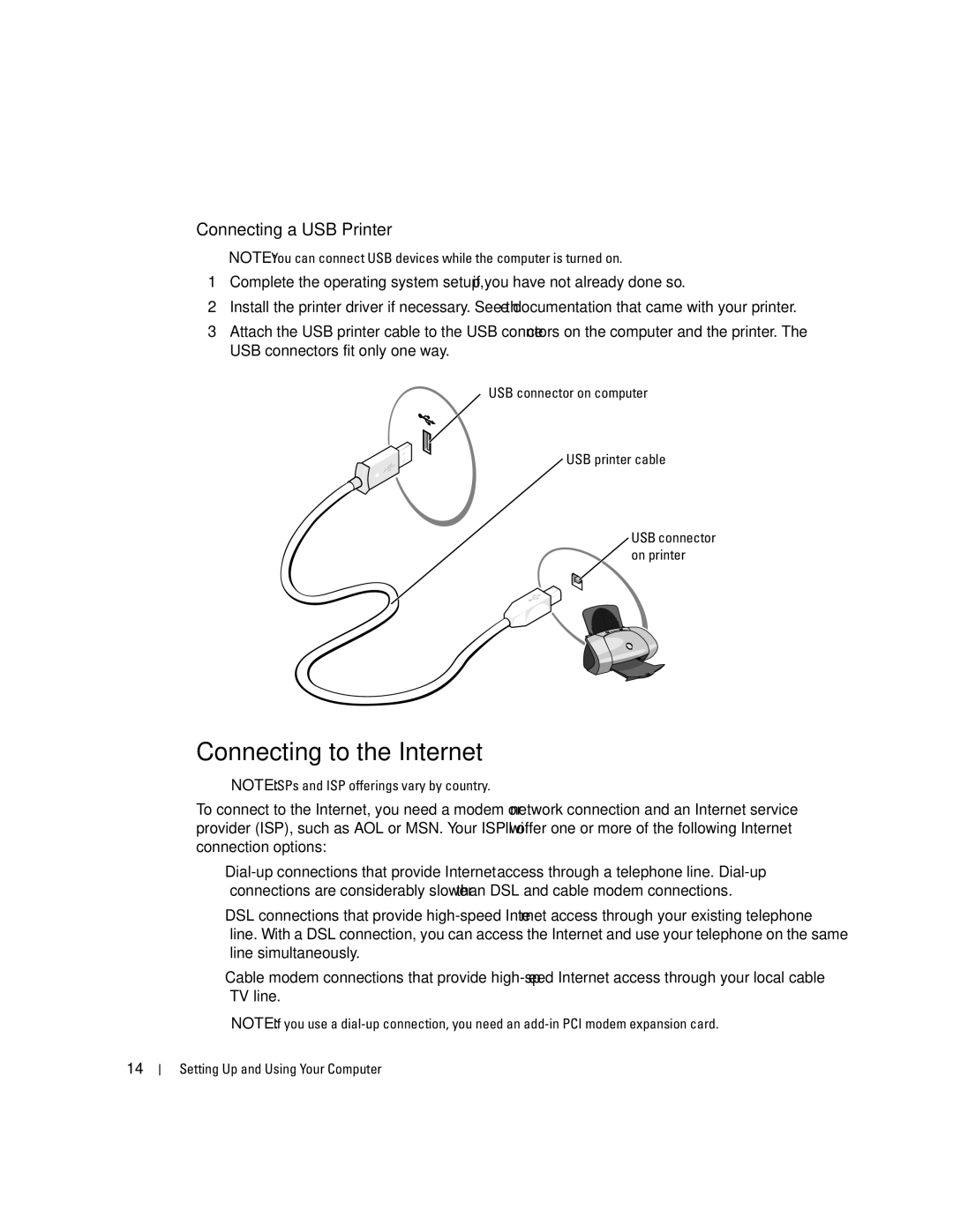 Dell 9150 manual Connecting to the Internet, Connecting a USB Printer, USB connector on computer USB printer cable 