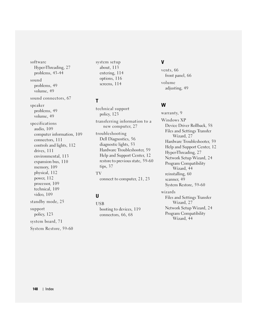 Dell 9150 manual Booting to devices, 119 connectors, 66 Warranty Windows XP, Index 