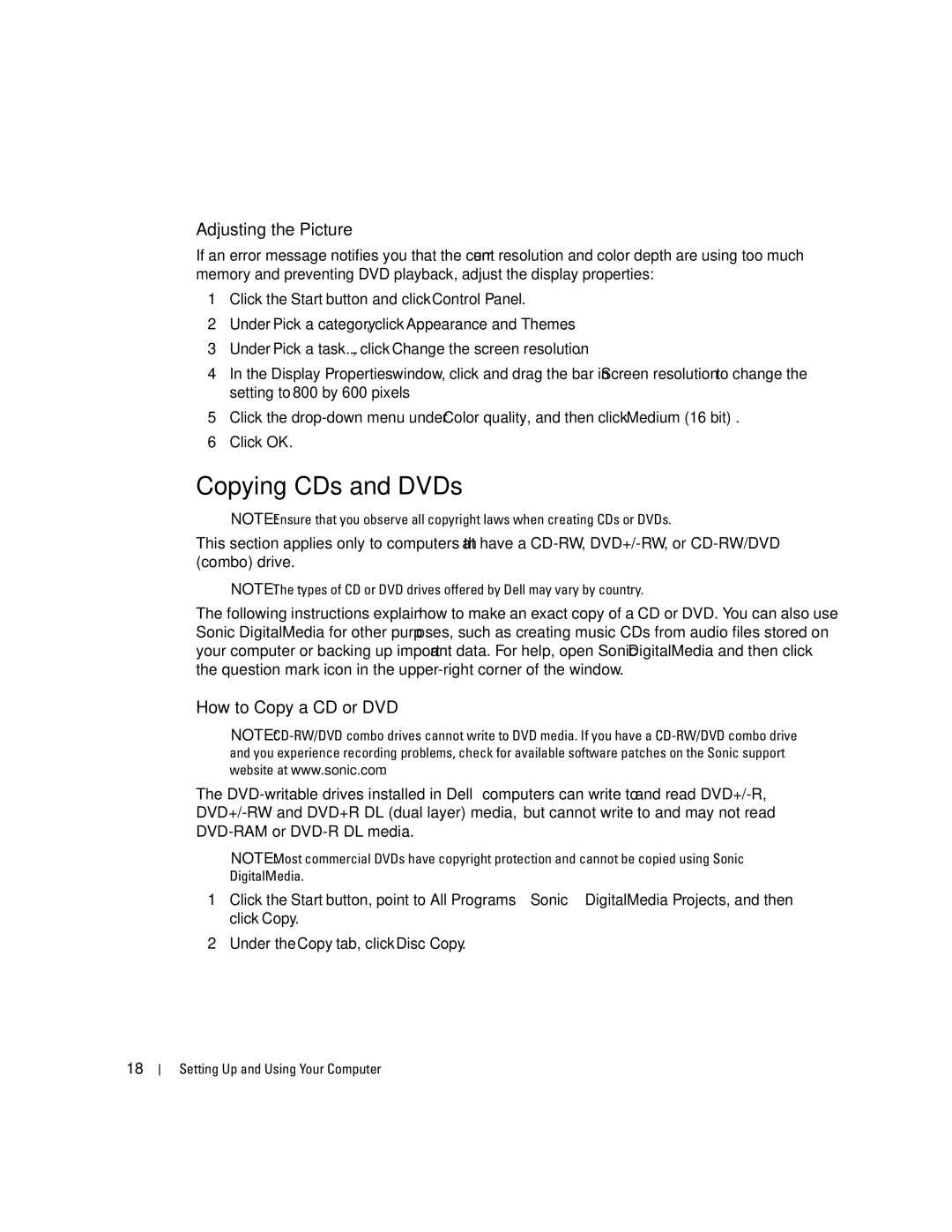 Dell 9150 manual Copying CDs and DVDs, Adjusting the Picture, How to Copy a CD or DVD 