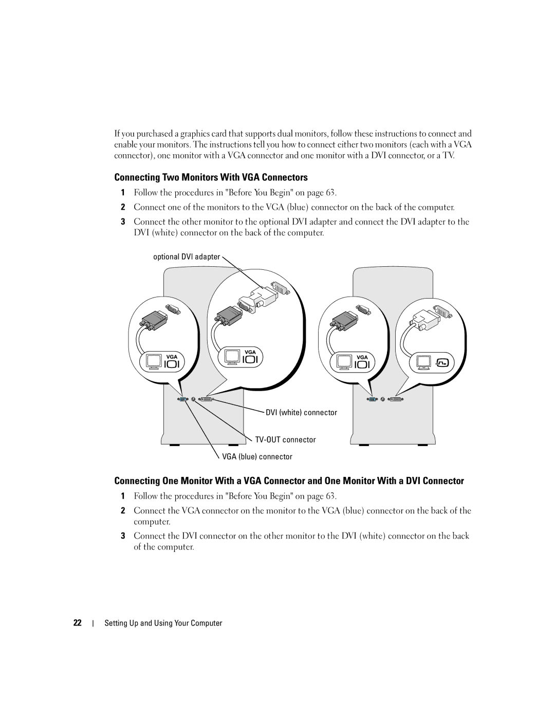 Dell 9150 manual Connecting Two Monitors With VGA Connectors, Optional DVI adapter, TV-OUT connector VGA blue connector 