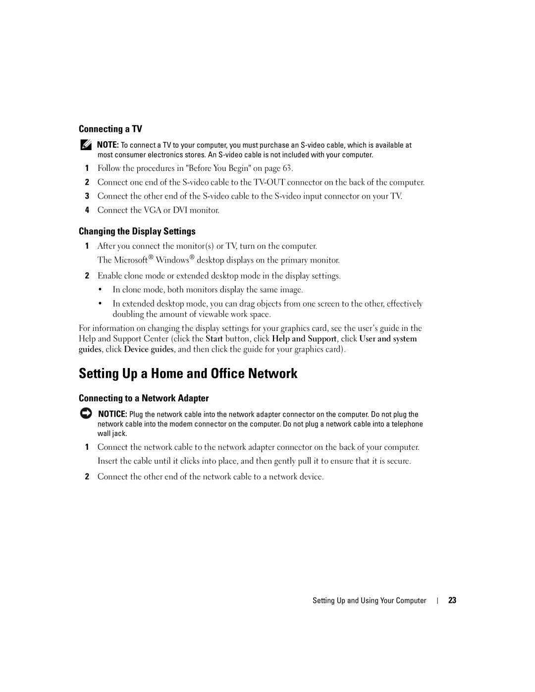 Dell 9150 manual Setting Up a Home and Office Network, Connecting a TV, Changing the Display Settings 