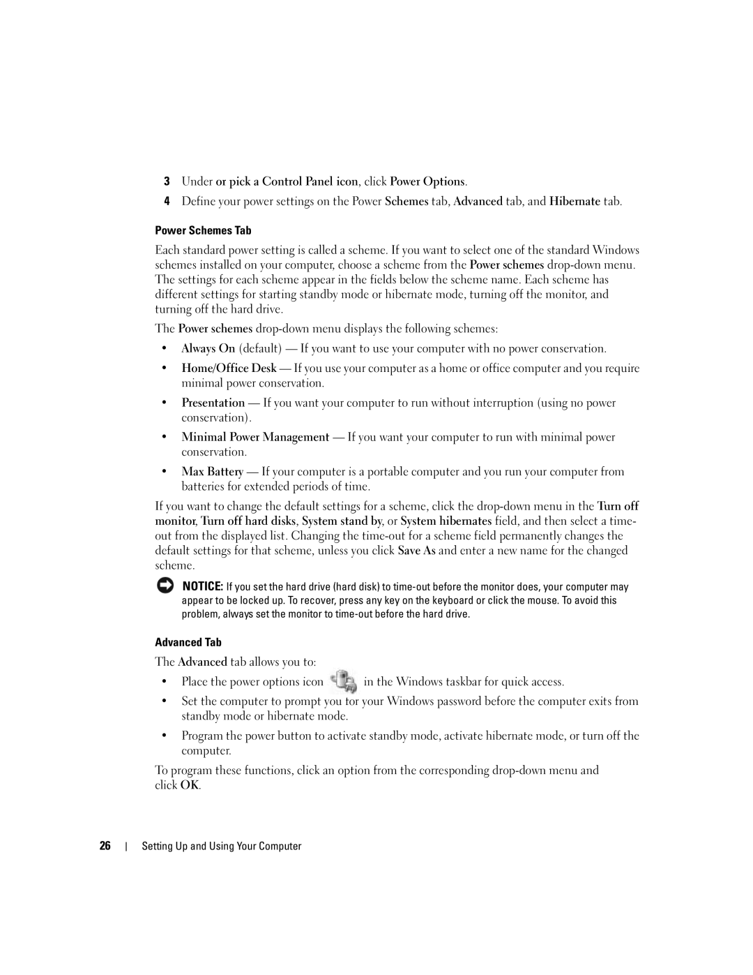 Dell 9150 manual Power Schemes Tab, Advanced Tab 