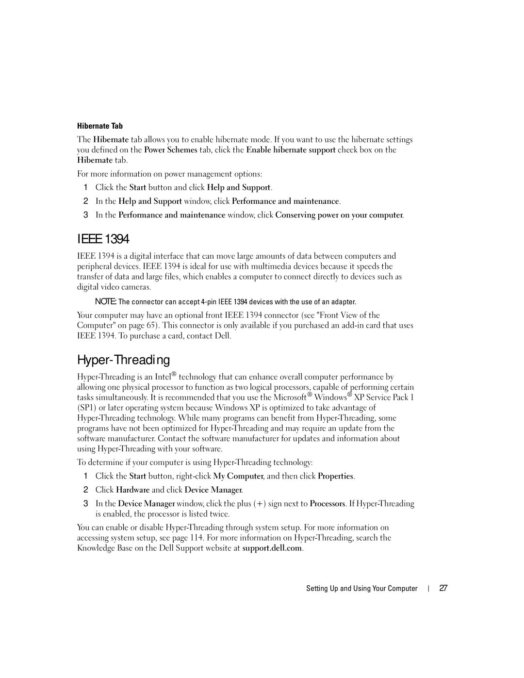 Dell 9150 manual Ieee, Hyper-Threading, Hibernate Tab 