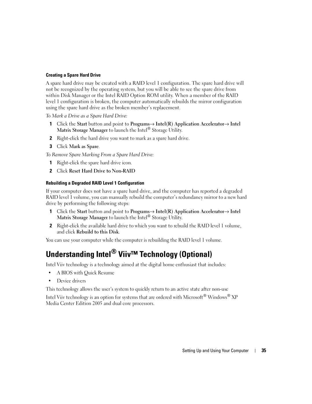 Dell 9150 Understanding Intel Viiv Technology Optional, Creating a Spare Hard Drive, To Mark a Drive as a Spare Hard Drive 