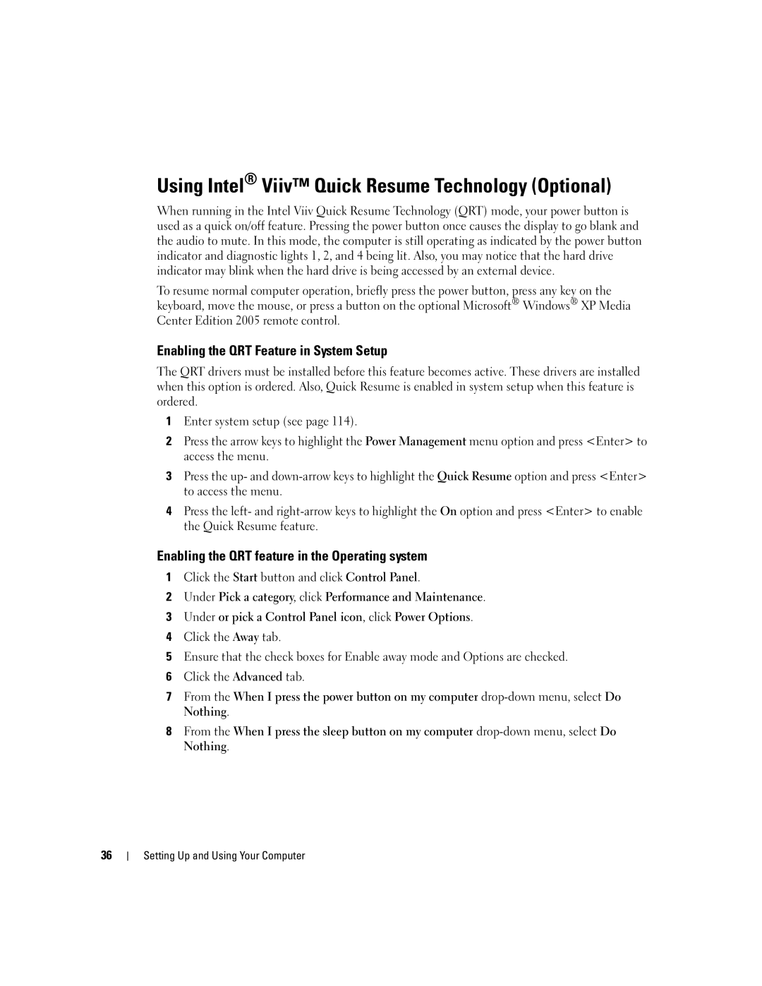 Dell 9150 manual Using Intel Viiv Quick Resume Technology Optional, Enabling the QRT Feature in System Setup 