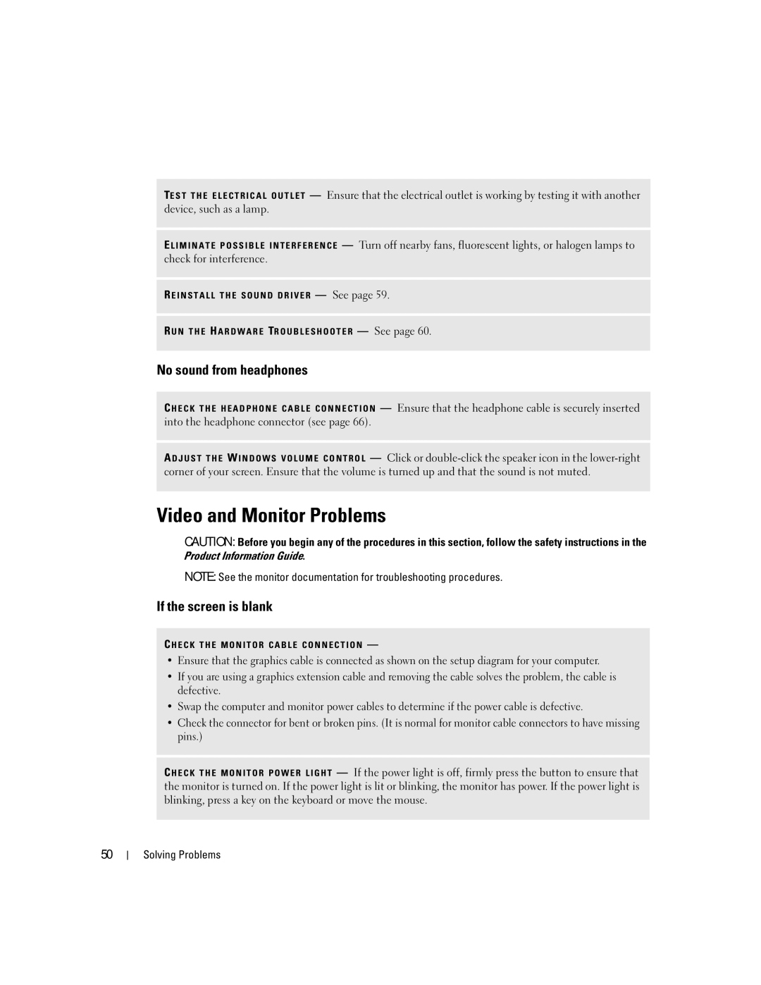 Dell 9150 manual Video and Monitor Problems, No sound from headphones, If the screen is blank 