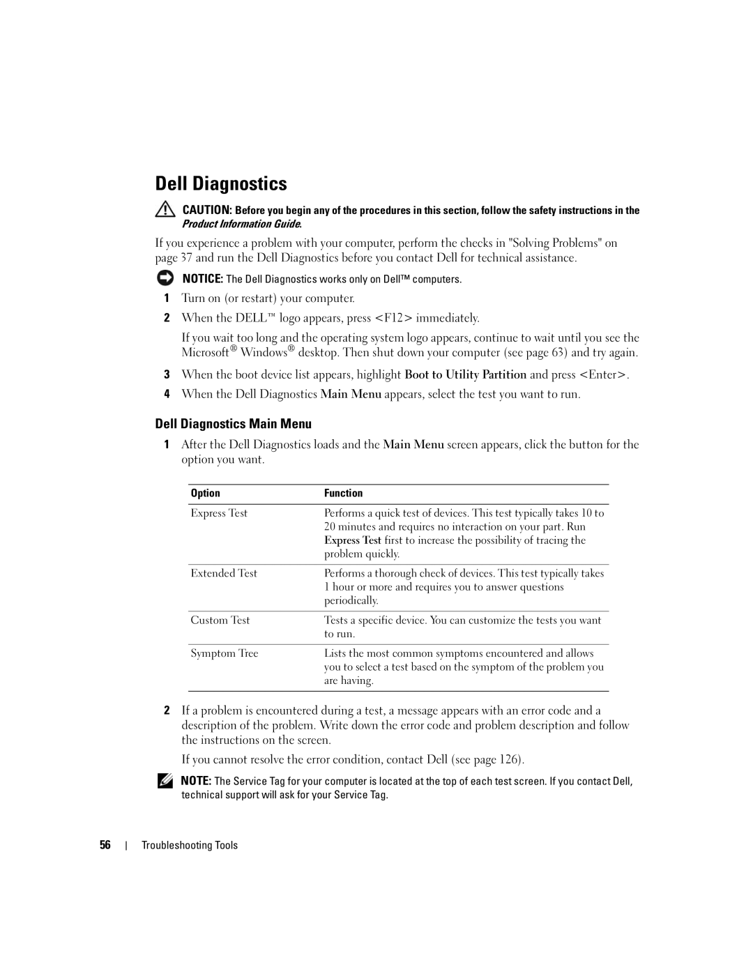 Dell 9150 manual Dell Diagnostics Main Menu, Option Function 