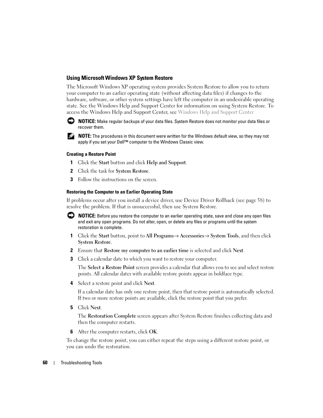 Dell 9150 manual Using Microsoft Windows XP System Restore, Creating a Restore Point 