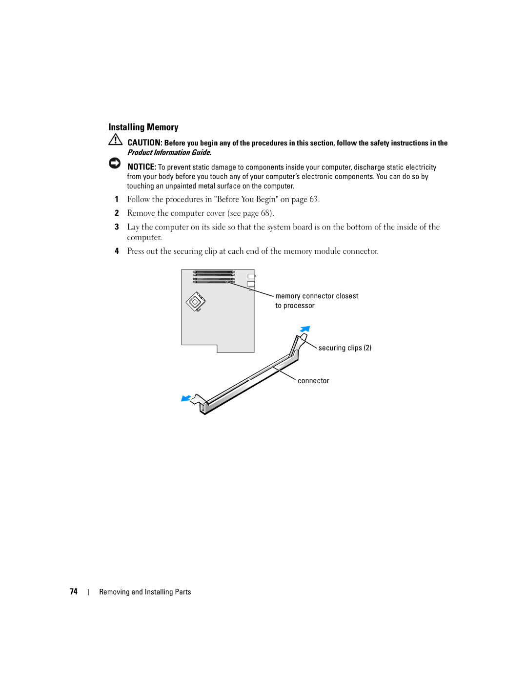 Dell 9150 manual Installing Memory, To processor, Securing clips Connector Removing and Installing Parts 