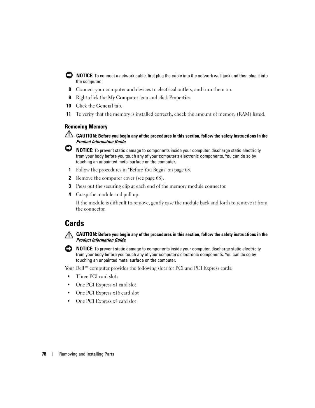 Dell 9150 manual Cards, Removing Memory 