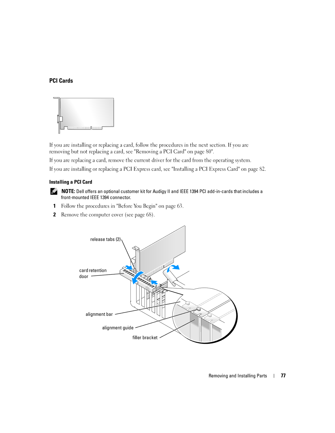 Dell 9150 manual PCI Cards, Installing a PCI Card 