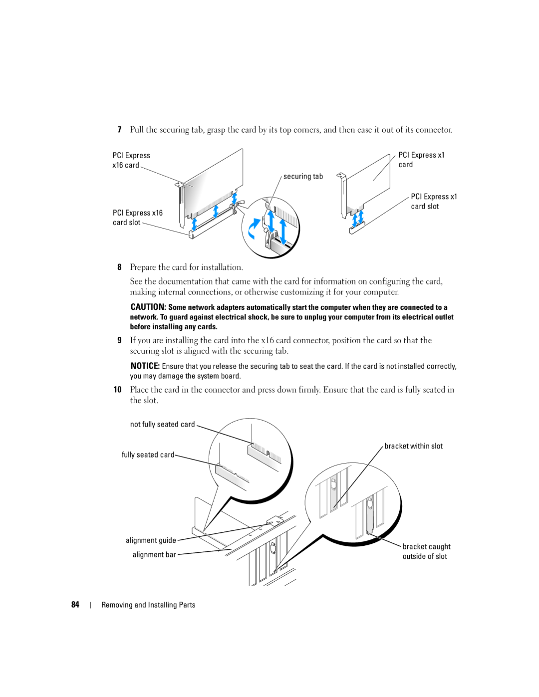 Dell 9150 manual PCI Express X16 card Card Securing tab, PCI Express Card slot 