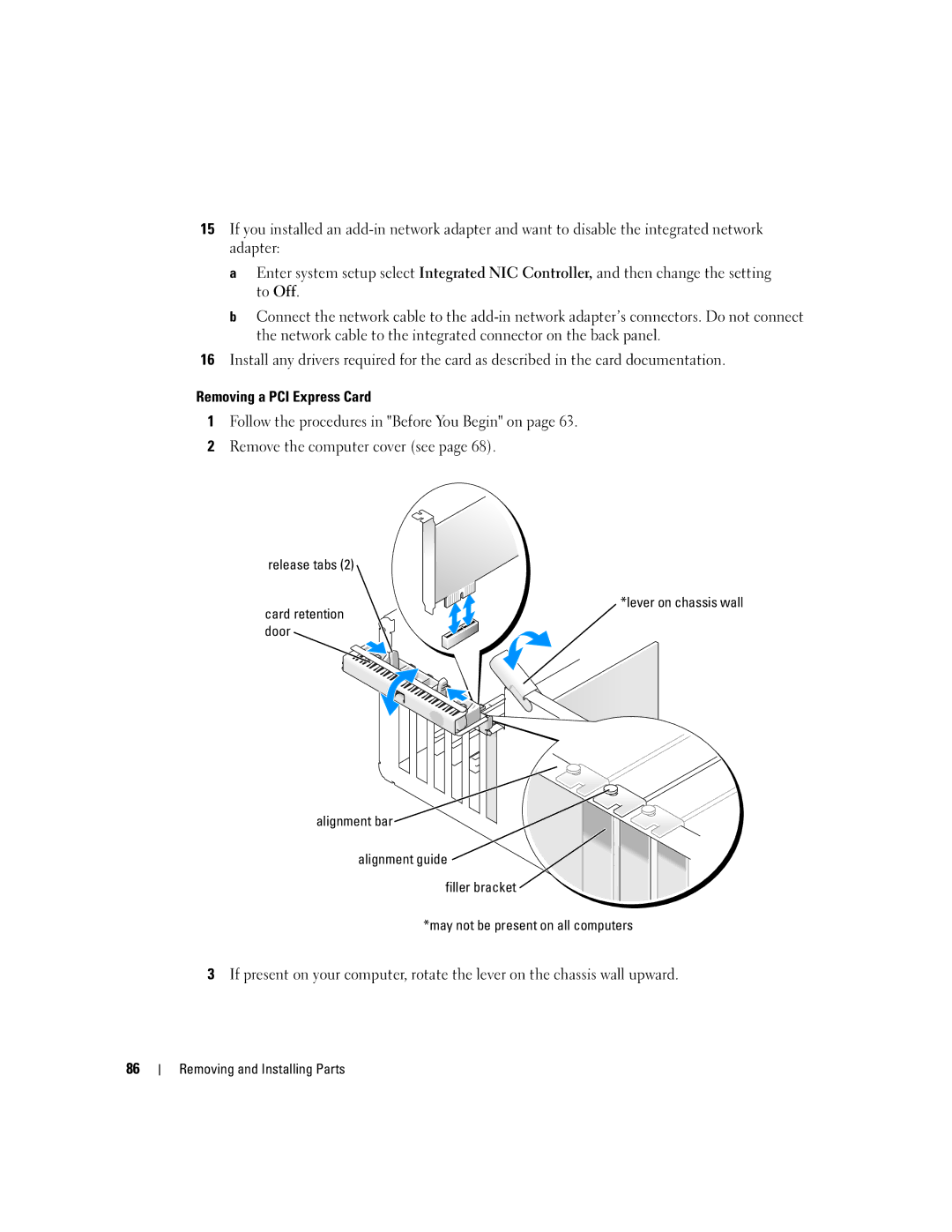 Dell 9150 manual Removing a PCI Express Card, Release tabs Lever on chassis wall 