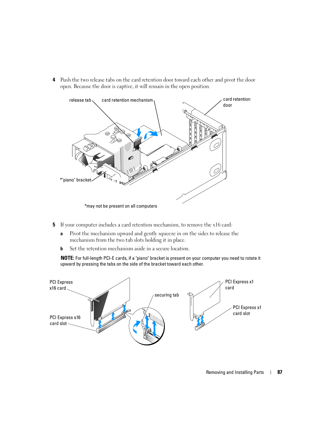 Dell 9150 manual Release tab Card retention mechanism, Door, Piano bracket May not be present on all computers, PCI Express 