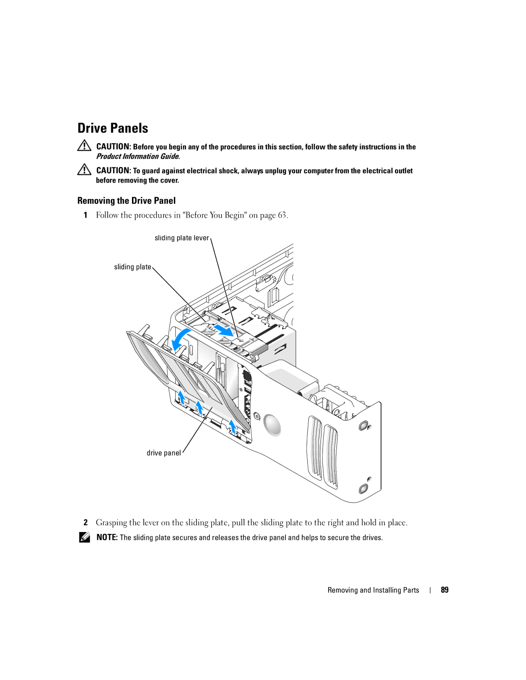 Dell 9150 manual Drive Panels, Removing the Drive Panel, Sliding plate lever Drive panel 