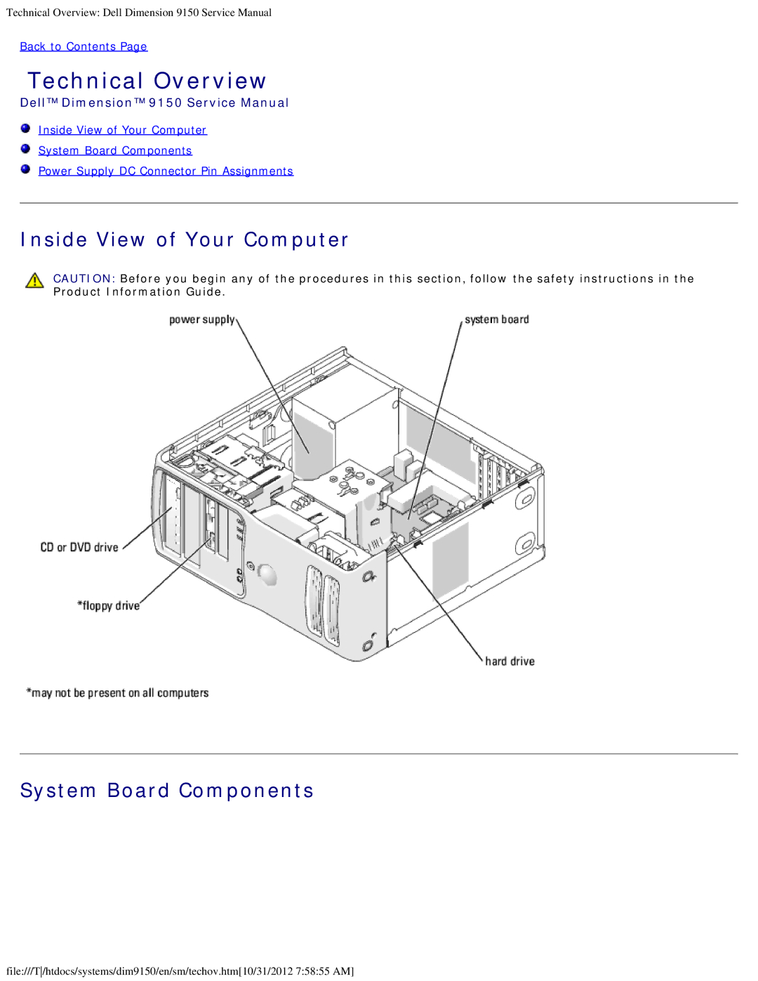 Dell 9150 service manual Technical Overview, Inside View of Your Computer System Board Components 