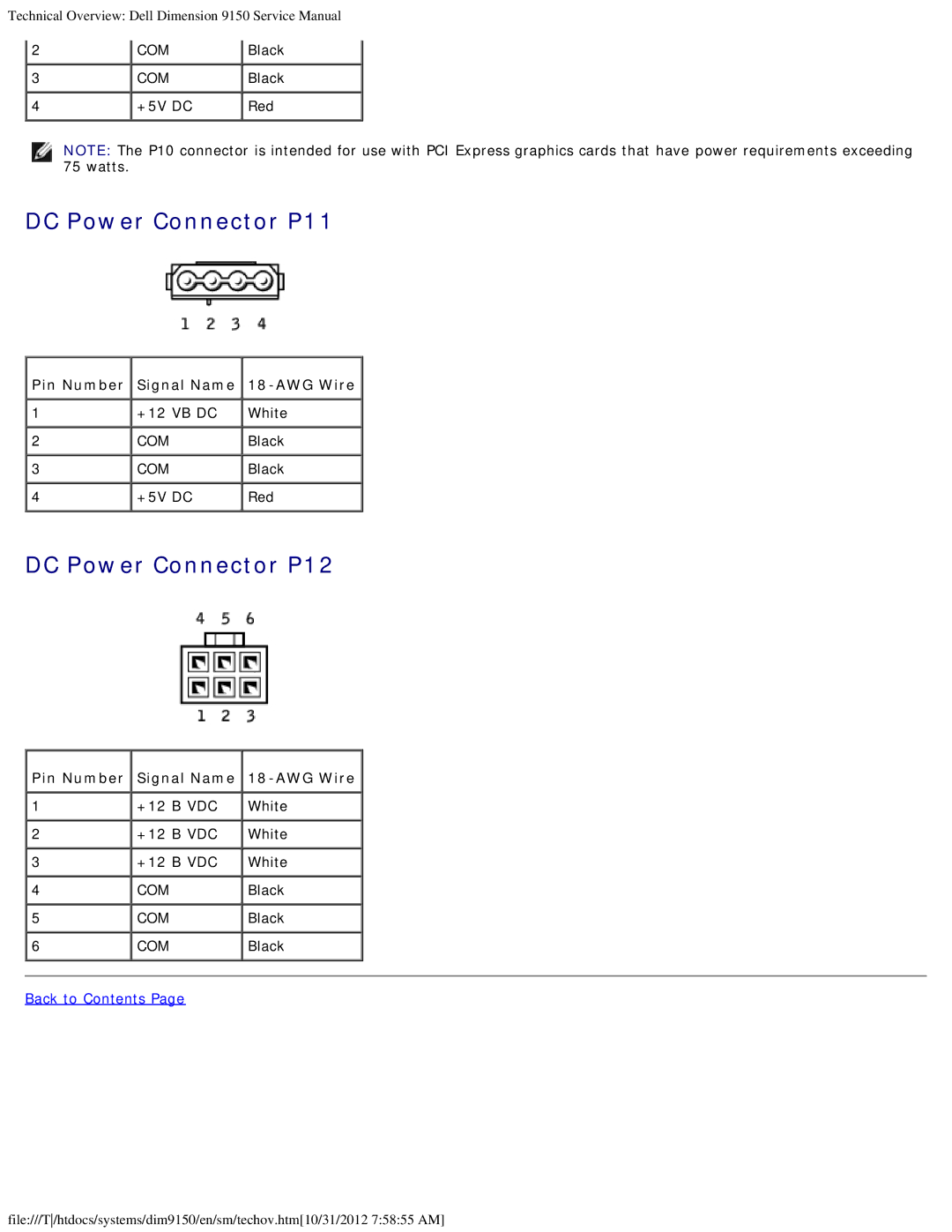 Dell 9150 service manual DC Power Connector P11, DC Power Connector P12 