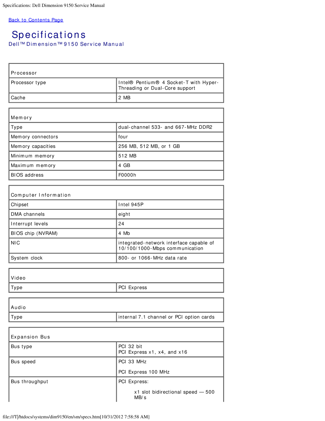 Dell 9150 service manual Specifications 