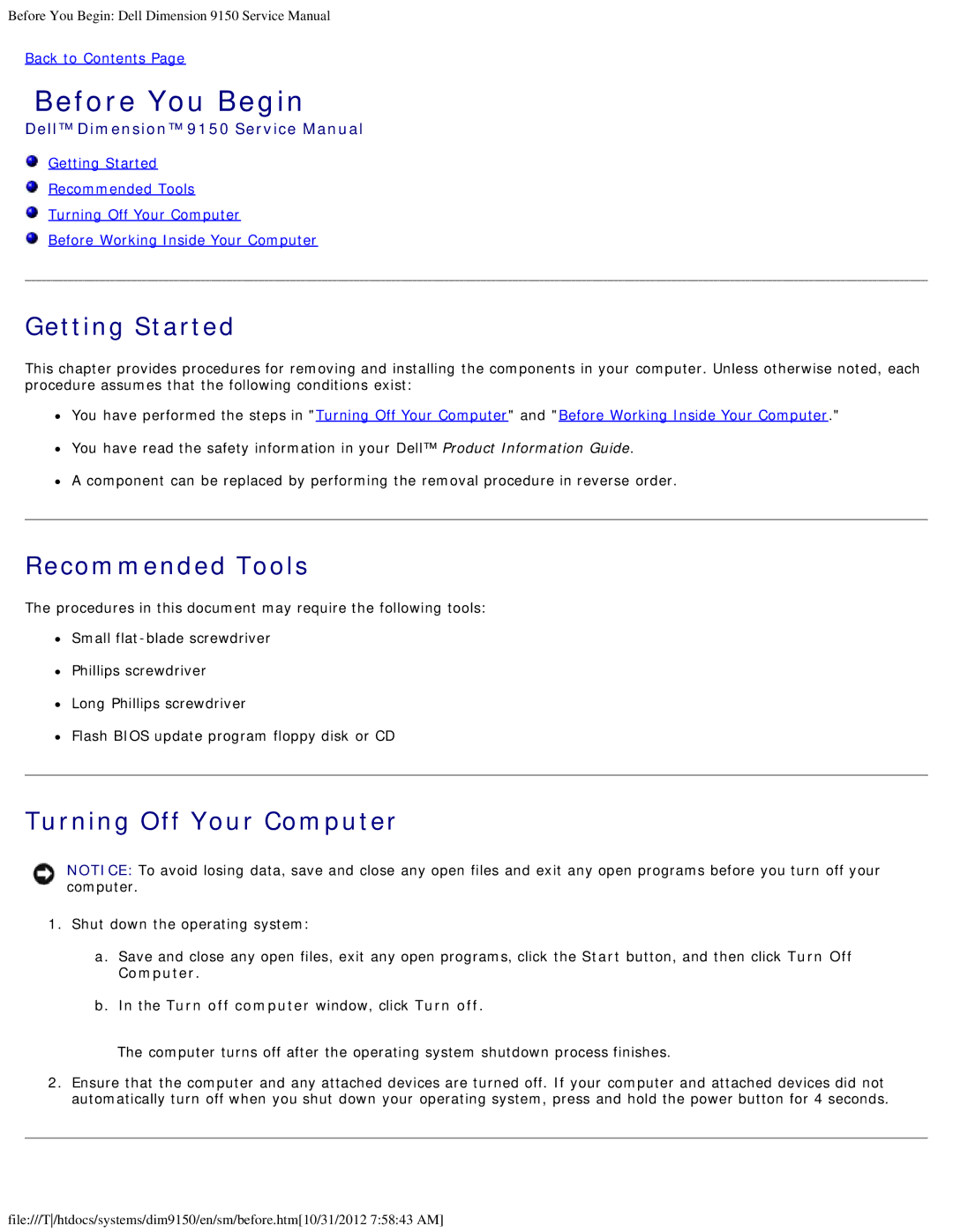 Dell 9150 service manual Before You Begin, Getting Started, Recommended Tools, Turning Off Your Computer 