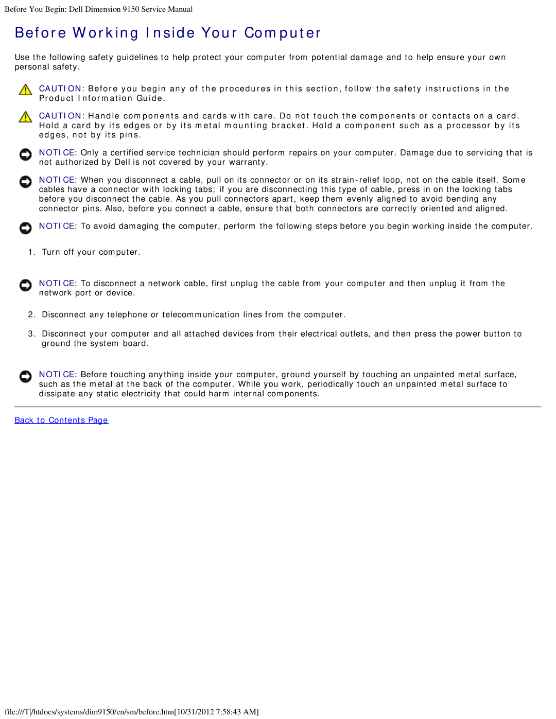 Dell 9150 service manual Before Working Inside Your Computer 