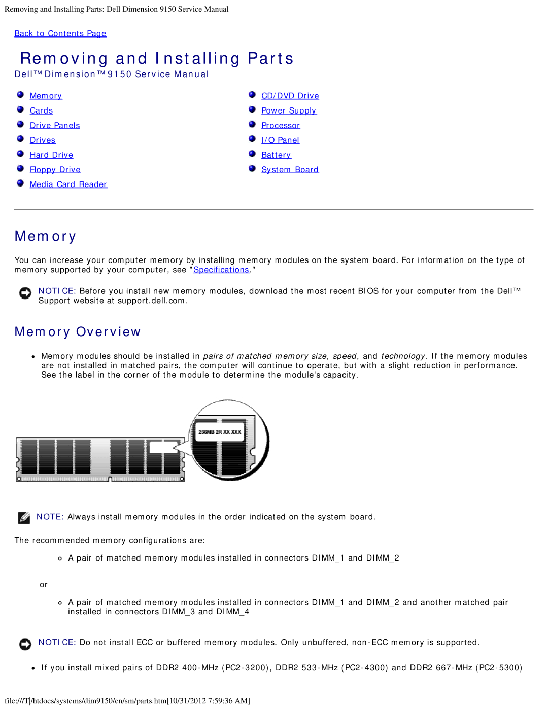 Dell 9150 service manual Removing and Installing Parts, Memory Overview 