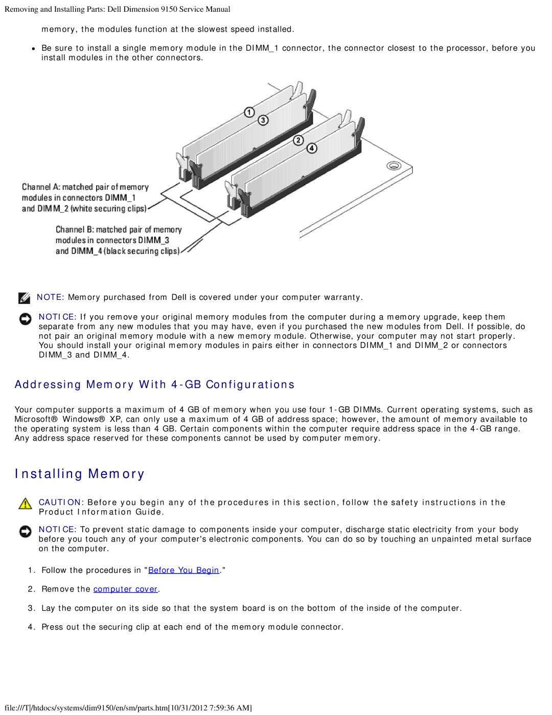 Dell 9150 service manual Installing Memory, Addressing Memory With 4-GB Configurations 