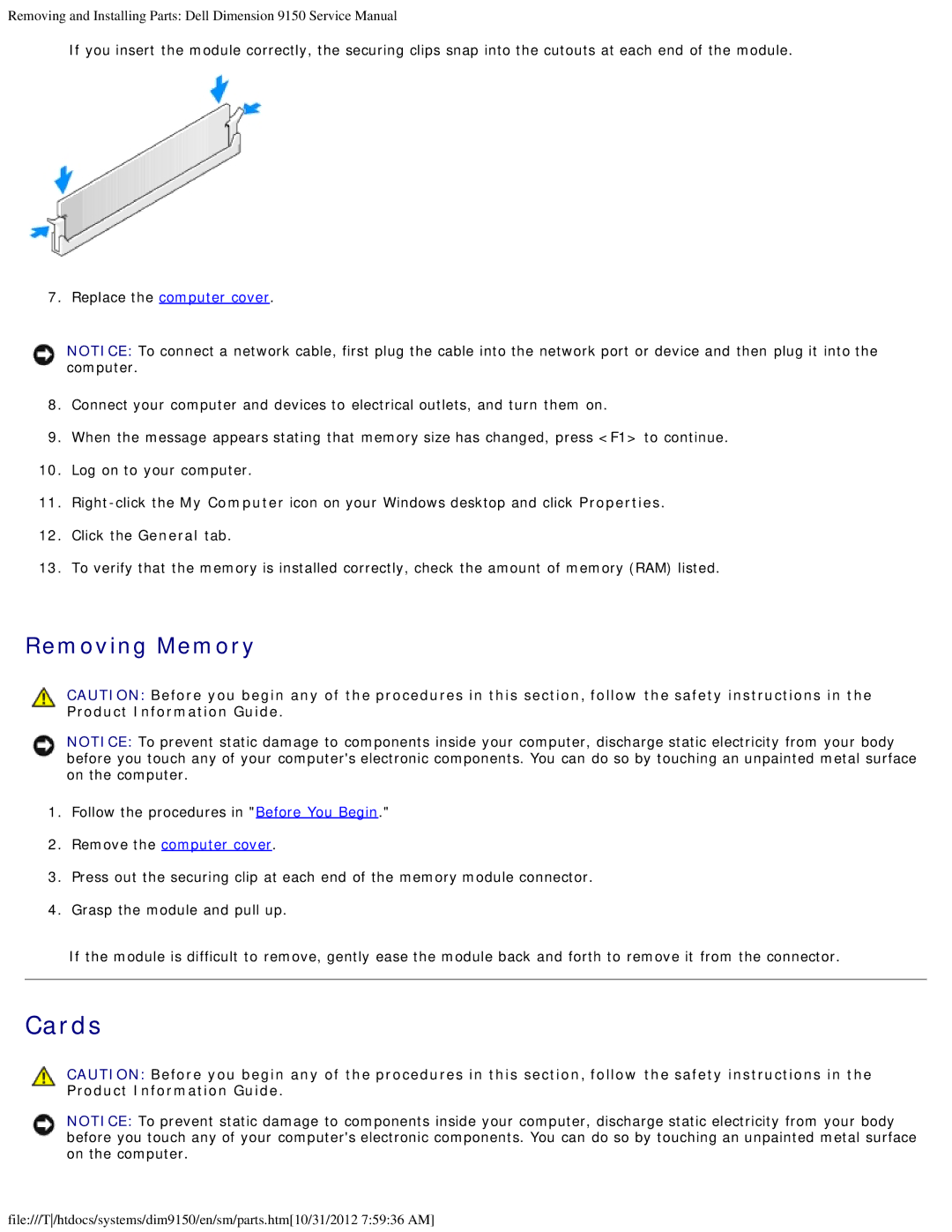 Dell 9150 service manual Cards, Removing Memory 