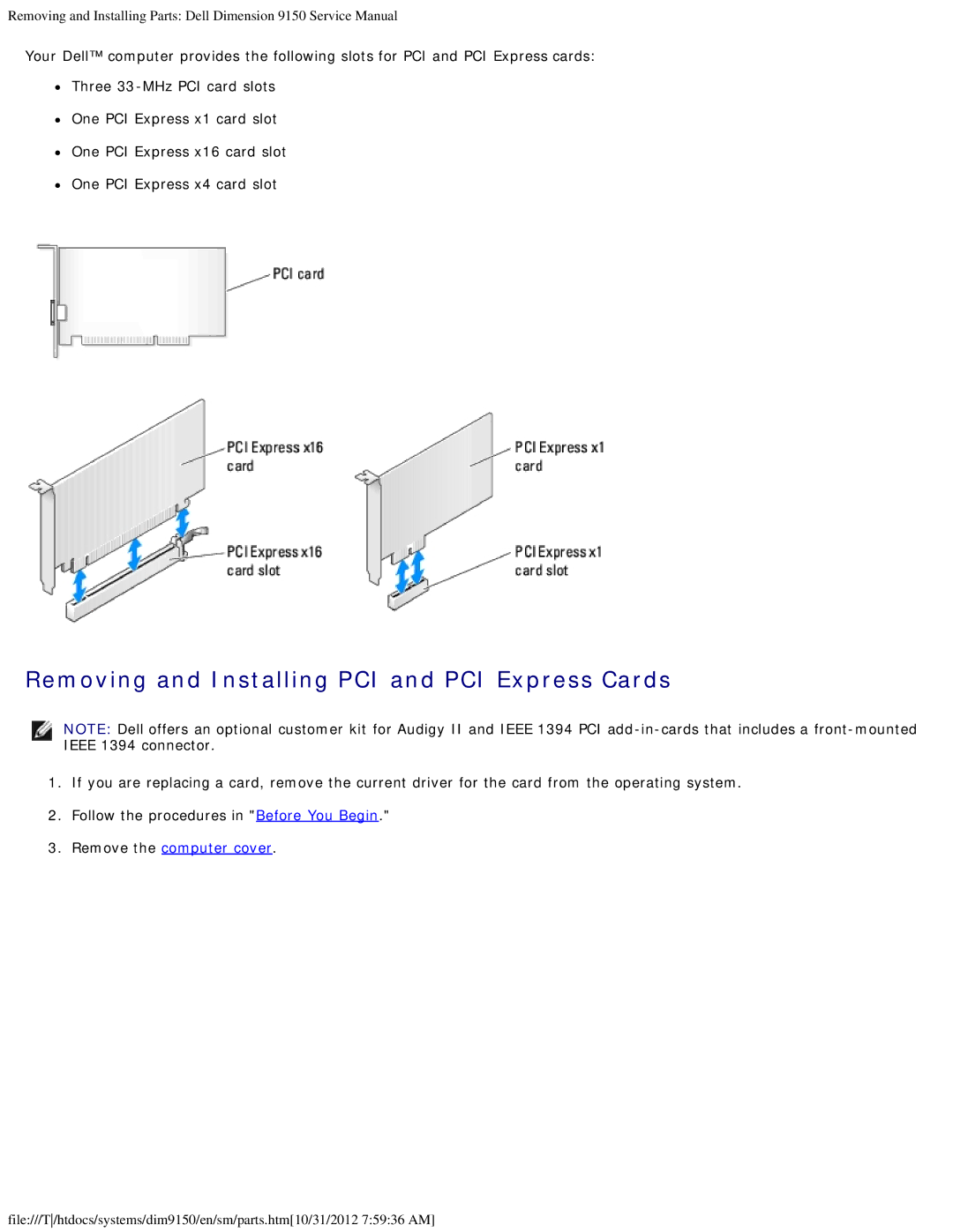 Dell 9150 service manual Removing and Installing PCI and PCI Express Cards 