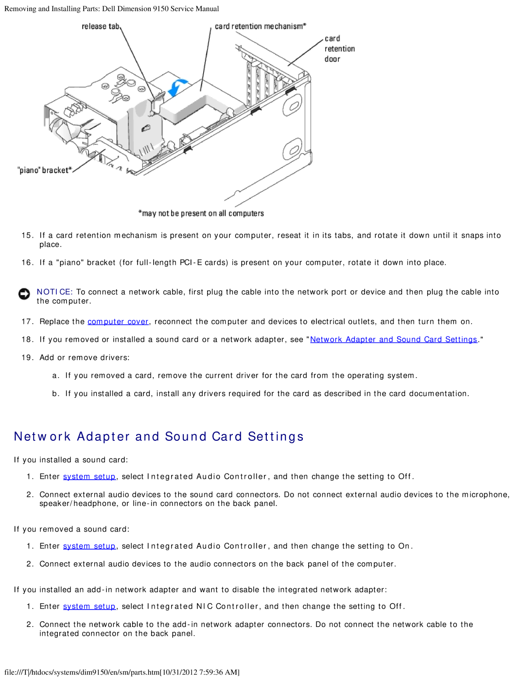 Dell 9150 service manual Network Adapter and Sound Card Settings 