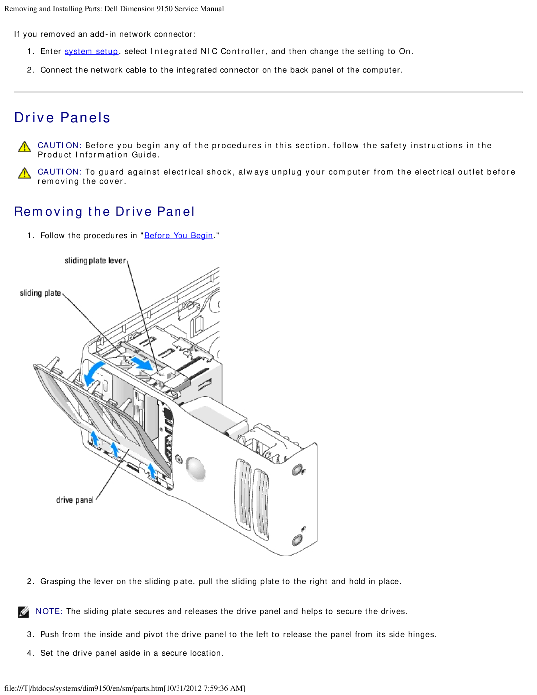 Dell 9150 service manual Drive Panels, Removing the Drive Panel 