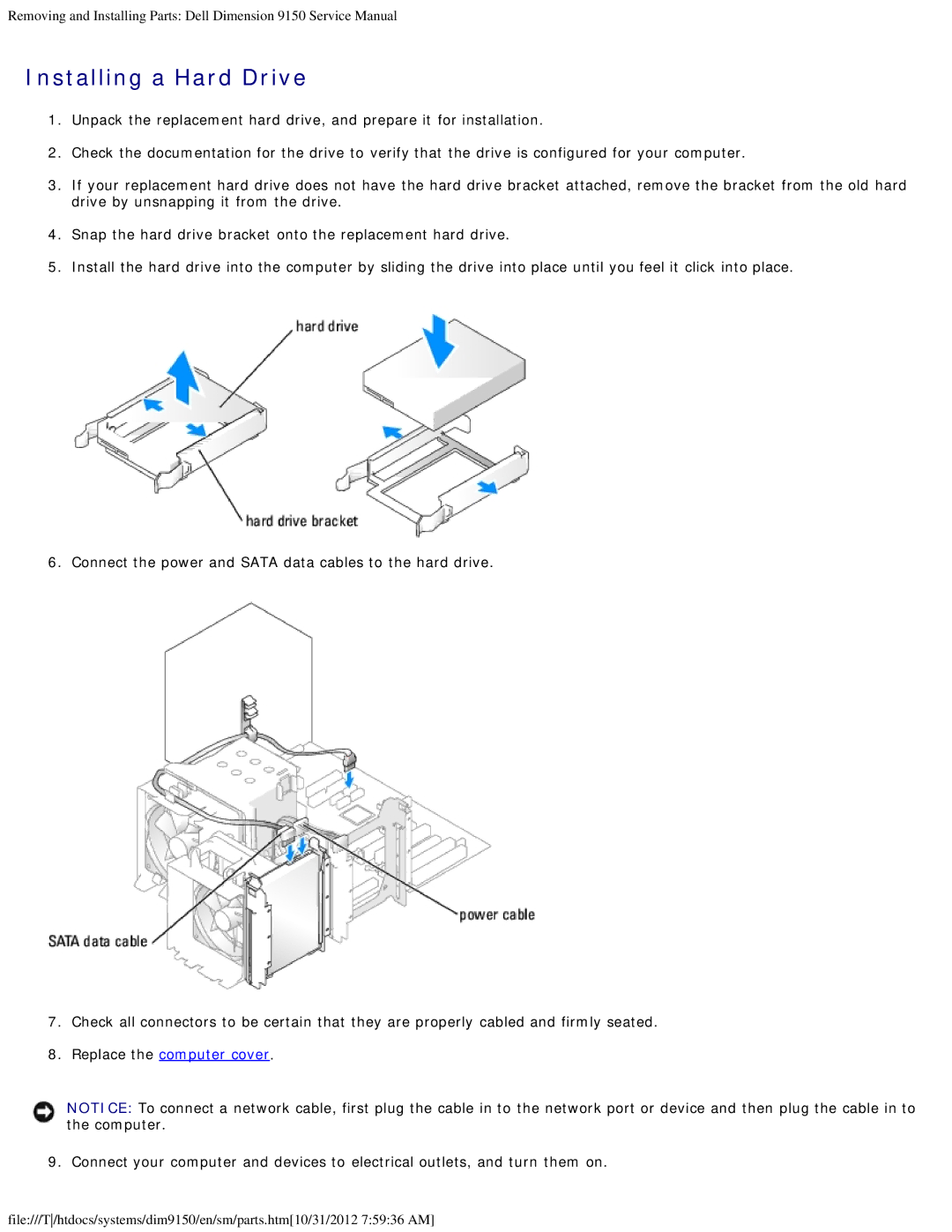 Dell 9150 service manual Installing a Hard Drive 