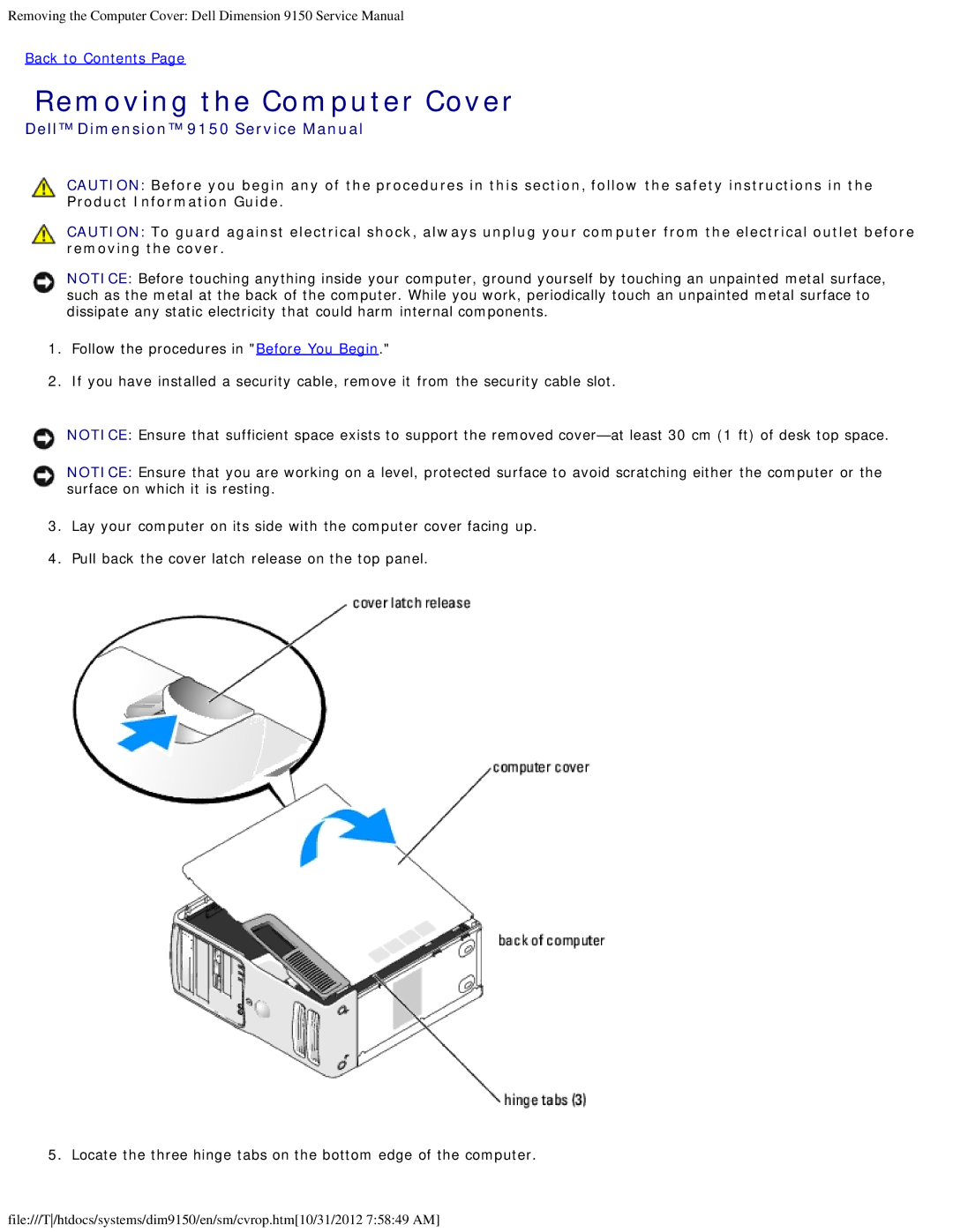 Dell 9150 service manual Removing the Computer Cover 