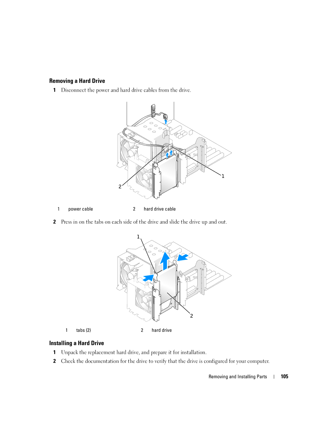 Dell 9200 owner manual Removing a Hard Drive, Installing a Hard Drive, 105, Power cable, Tabs 