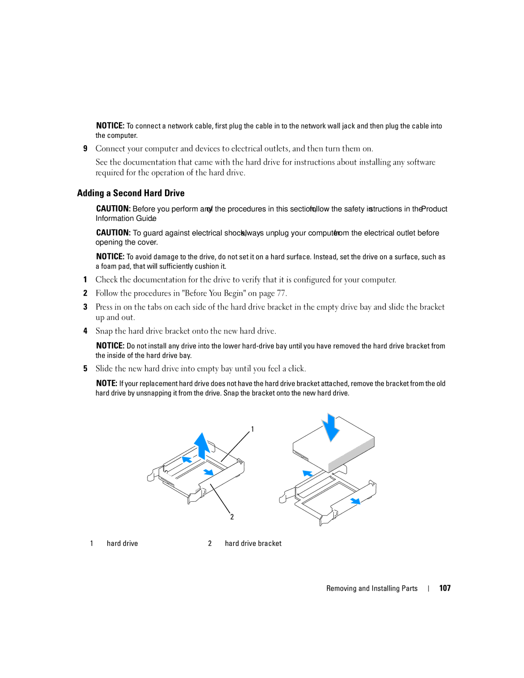 Dell 9200 owner manual Adding a Second Hard Drive, 107 