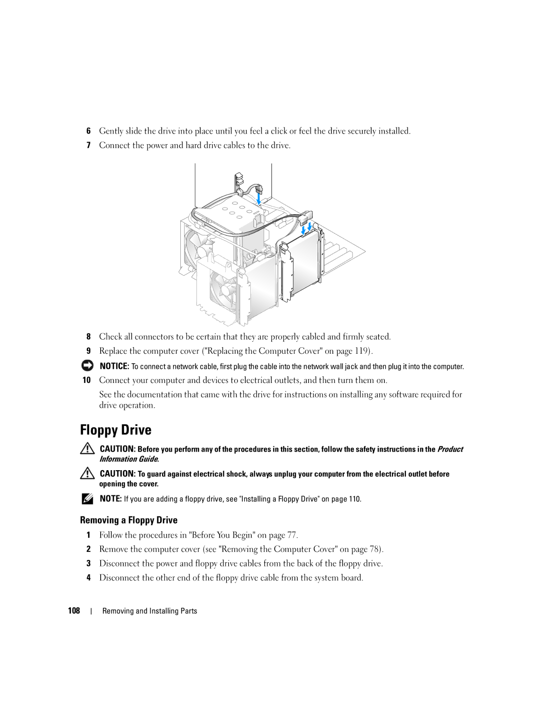 Dell 9200 owner manual Removing a Floppy Drive, 108 