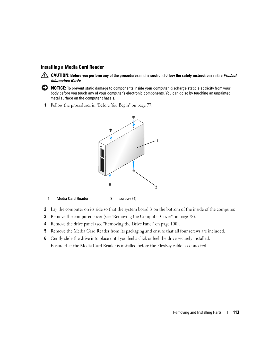 Dell 9200 owner manual Installing a Media Card Reader, 113 