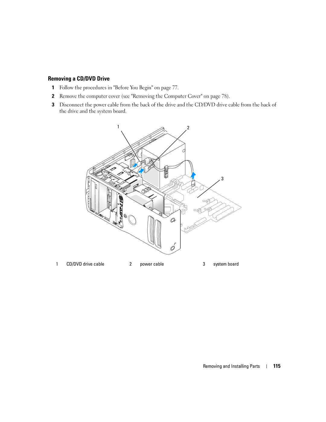 Dell 9200 owner manual Removing a CD/DVD Drive, 115, CD/DVD drive cable Power cable 