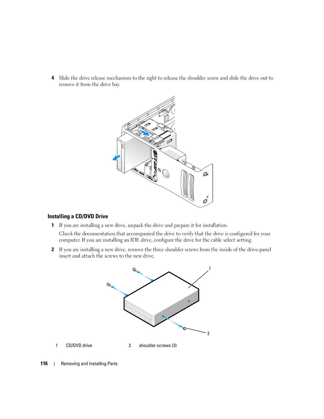 Dell 9200 owner manual Installing a CD/DVD Drive, 116, CD/DVD drive 