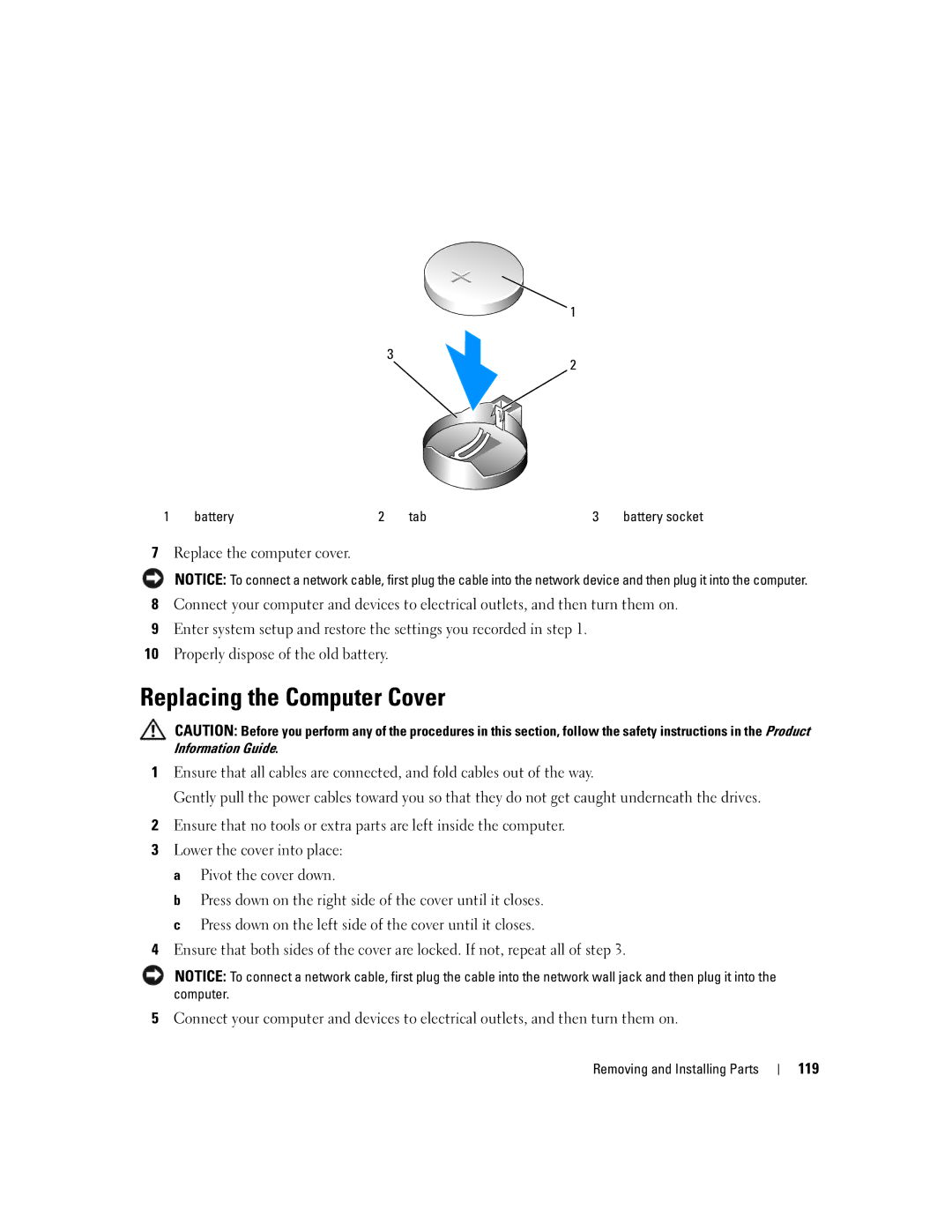 Dell 9200 owner manual Replacing the Computer Cover, 119, Battery Tab 