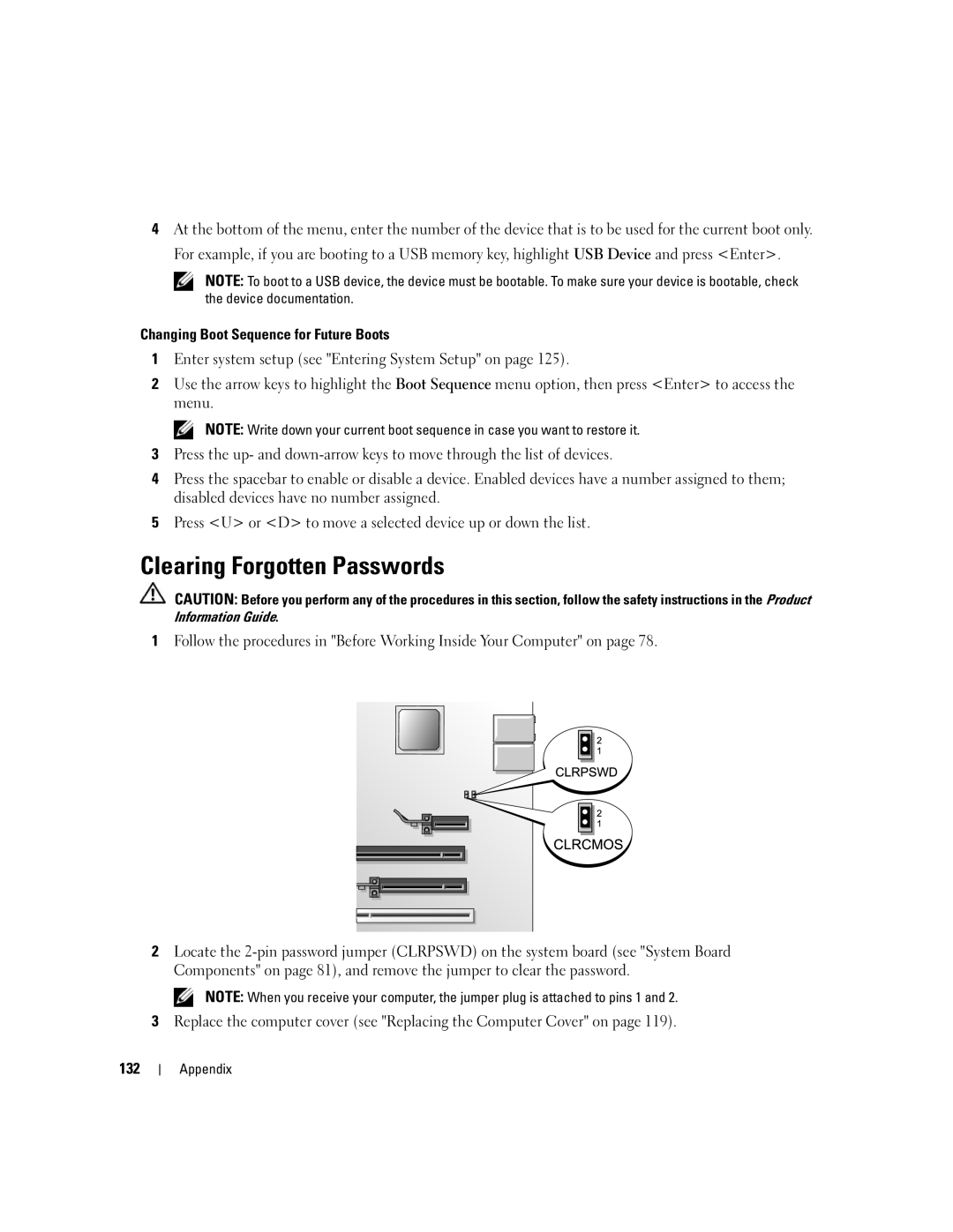 Dell 9200 owner manual Clearing Forgotten Passwords, Changing Boot Sequence for Future Boots, 132 