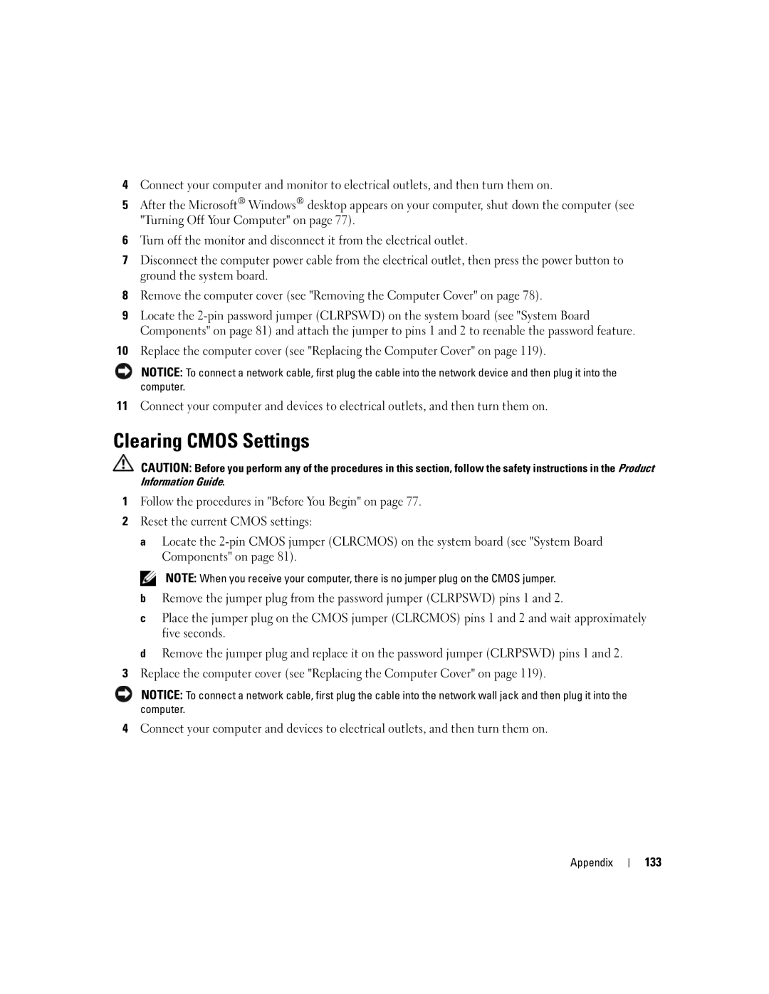 Dell 9200 owner manual Clearing Cmos Settings, 133 