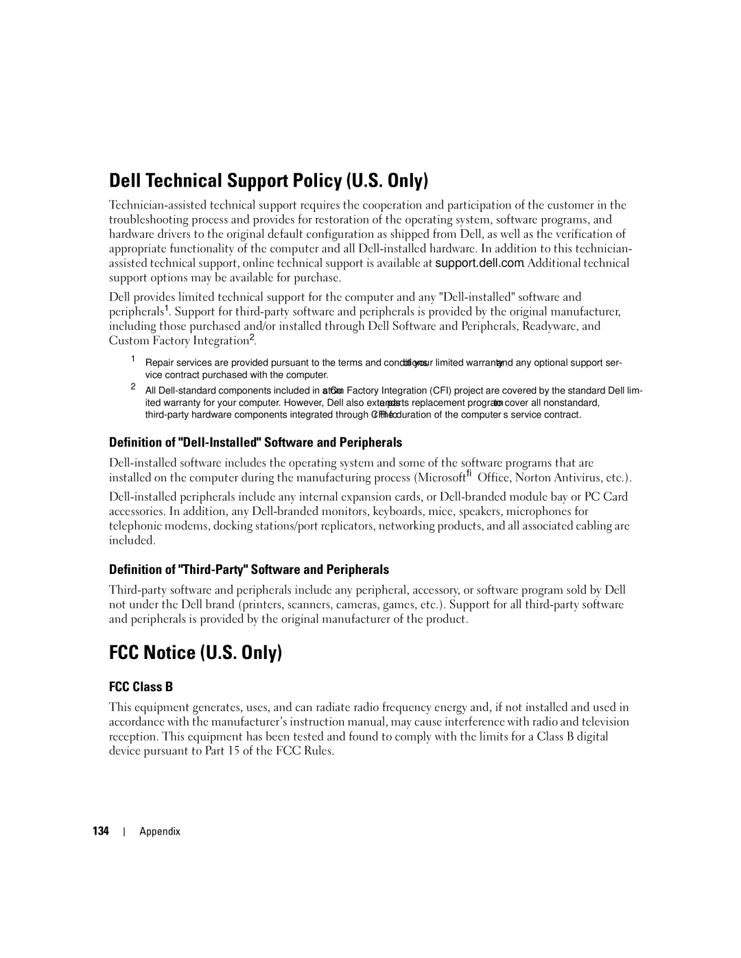 Dell 9200 owner manual Dell Technical Support Policy U.S. Only, FCC Notice U.S. Only, FCC Class B 