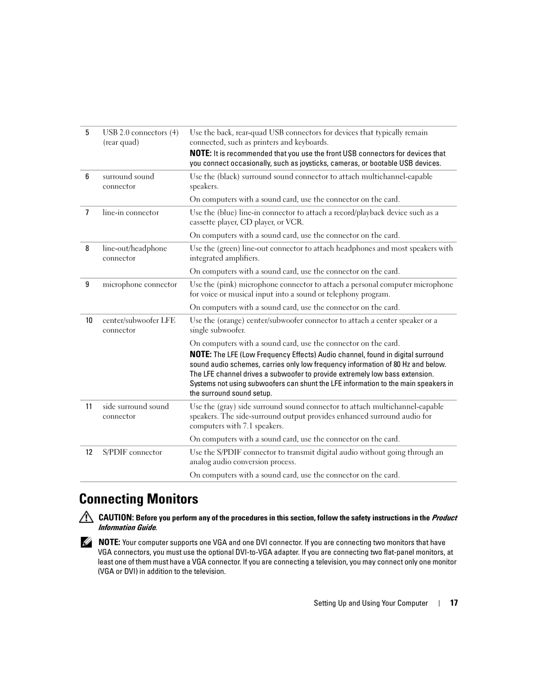 Dell 9200 owner manual Connecting Monitors, Surround sound setup 