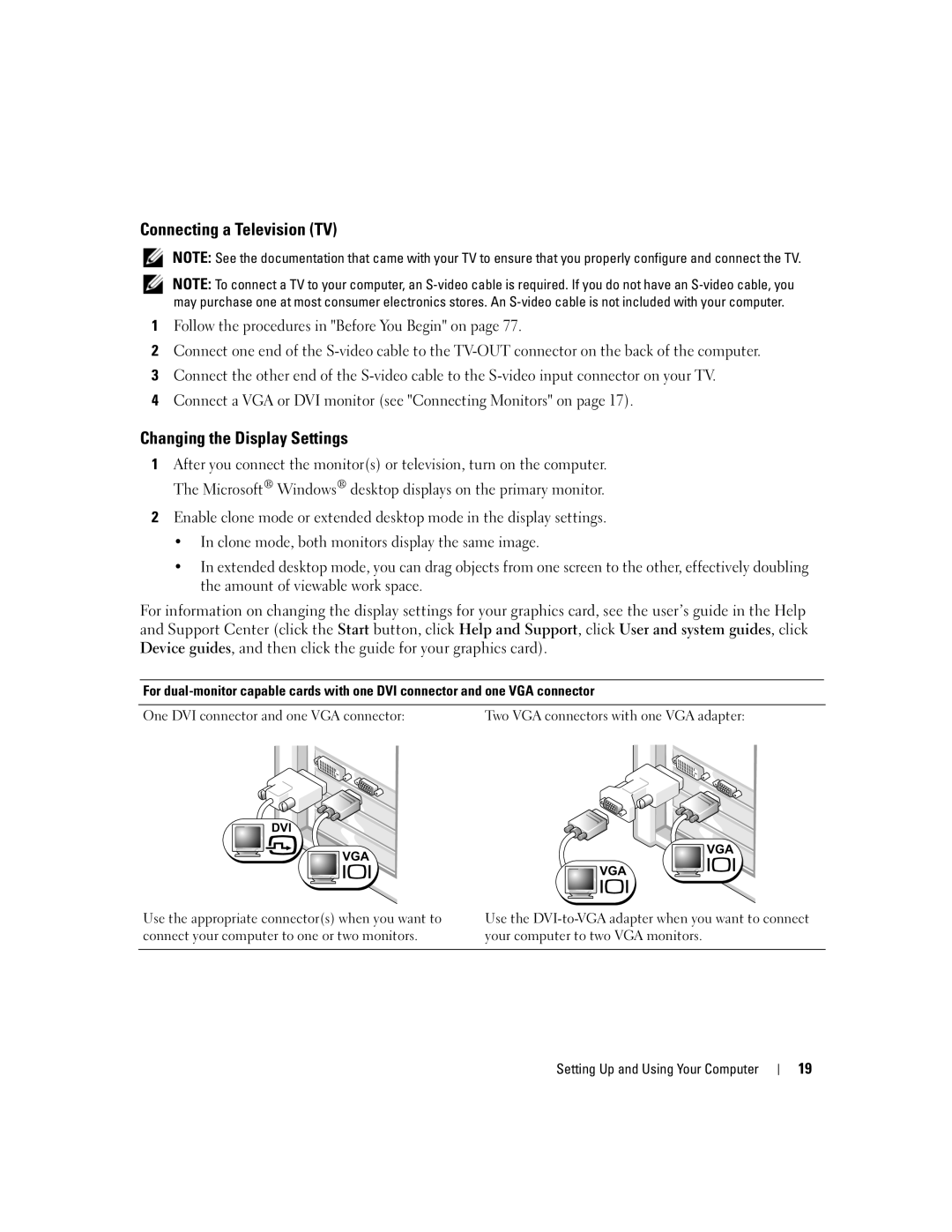 Dell 9200 owner manual Connecting a Television TV, Changing the Display Settings 